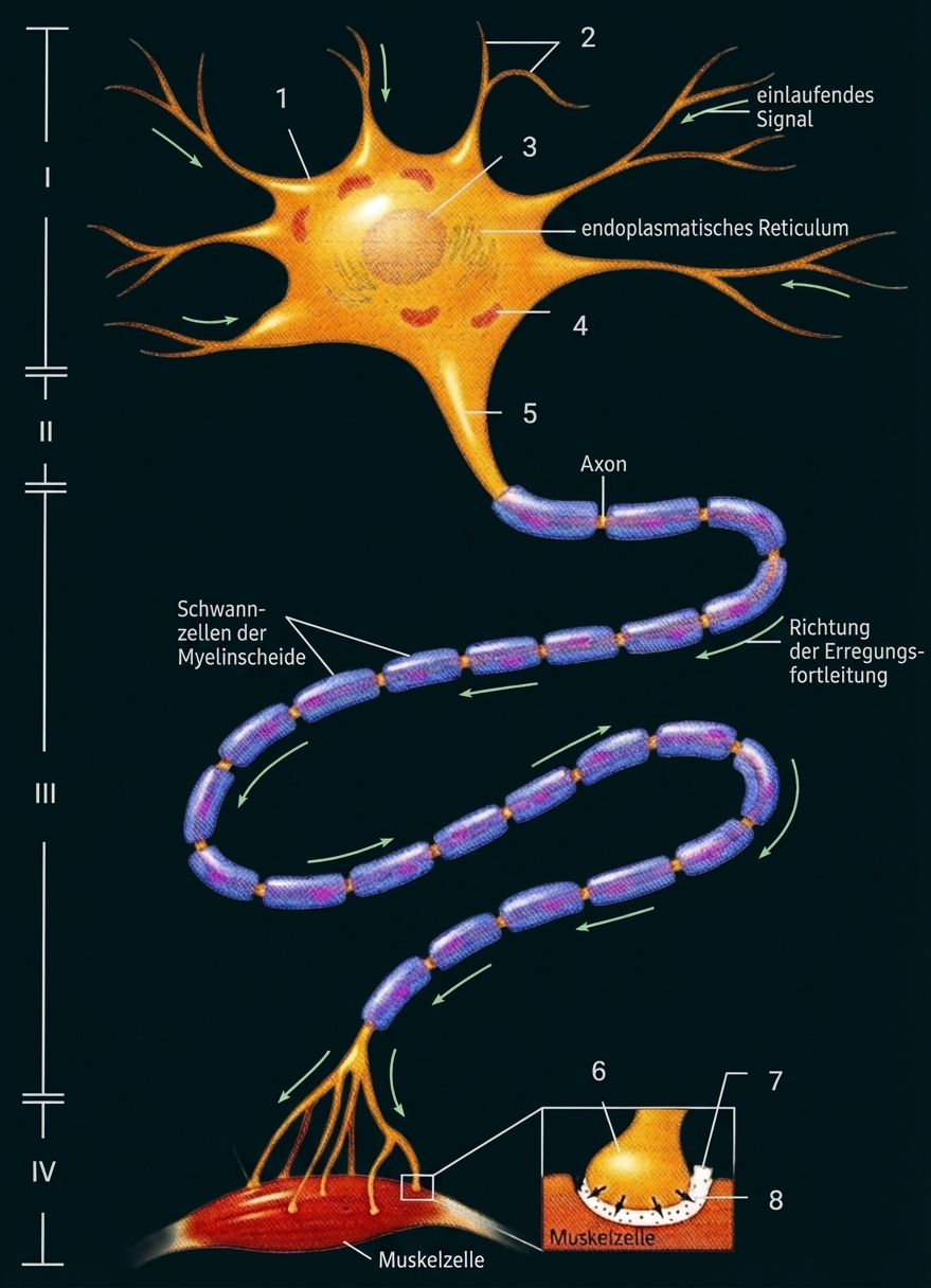 Schematische Nervenzelle mit Zellkörper, Axon, myelinisierter Leitung und Synapse zur Muskelzelle
